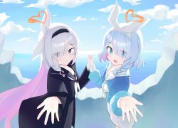 2girls :d absurdres arona_(blue_archive) backlighting black_coat black_hairband black_sailor_collar black_serafuku black_shirt black_skirt blue_archive blue_eyes blue_hair blue_pupils blue_shirt blue_sky blunt_bangs blush bow bowtie braid broken_wall closed_mouth cloud coat colored_inner_hair commentary cowboy_shot day eyelashes eyes_visible_through_hair floating_hair grey_eyes hair_bow hair_over_one_eye hairband halo hand_up happy heart heart_halo highres holding_hands horizon interlocked_fingers lcz long_bangs long_hair long_sleeves looking_at_viewer miniskirt mismatched_pupils multicolored_hair multiple_girls neckerchief ocean open_clothes open_coat open_mouth orange_halo outdoors outstretched_hand pink_hair pink_pupils plana_(blue_archive) pleated_skirt puffy_long_sleeves puffy_sleeves reaching reaching_towards_viewer red_pupils sailor_collar school_uniform serafuku shirt short_hair single_braid skirt sky smile split_mouth straight_hair symbol-only_commentary tareme tsurime two-tone_hair very_long_hair white_bow white_bowtie white_hair white_hairband white_neckerchief white_sailor_collar white_skirt wide_sleeves
