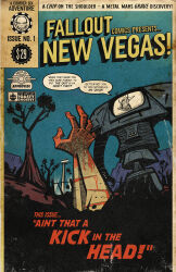 absurdres ambiguous_gender blood blood_on_hands blue_sky comic_cover courier_(fallout:_new_vegas) cover cowboy english_text fallout:_new_vegas fallout grave highres magazine_cover ncr_veteran_ranger robot sky toastyghostey tree western