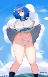 1girl absurdres artist_logo artist_name belly blue_hair blush breasts cleft_of_venus clothes_lift cloud contrail hetani312 highres huge_breasts knee_socks lace lace-trimmed_panties lace_trim logo looking_at_viewer lowleg lowleg_panties make_heroine_ga_oo_sugiru! navel panties school_uniform see-through_clothes see-through_shirt shirt skirt skirt_lift small_head socks thick_thighs thighs underwear white_panties yanami_anna