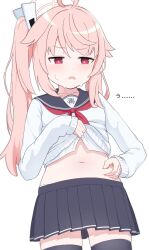 1girl ahoge belly_grab black_sailor_collar black_skirt black_thighhighs blue_archive blush bright_pupils cardigan cardigan_lift collarbone commentary_request cowboy_shot d: frown halo highres lifting_own_clothes long_hair looking_down miniskirt natsu_(blue_archive) navel neckerchief open_mouth pinching_belly pink_hair pink_halo pleated_skirt plump red_eyes red_neckerchief sailor_collar school_uniform serafuku side_ponytail sidelocks skirt sleeves_past_wrists solo sweat tausukee thighhighs translated tsurime v-shaped_eyebrows weight_conscious white_cardigan white_pupils zettai_ryouiki