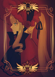 1girl black_bow black_bowtie black_ribbon blonde_hair blue_eyes blunt_bangs bonnet bow bowtie brooch capelet closed_mouth commentary_request crossed_swords drill_hair drill_sidelocks expressionless flower_brooch frilled_capelet frills hair_ribbon lolita_fashion long_hair profile red_background red_capelet red_headwear ribbon rozen_maiden shield shinku sidelocks solo soyohito sword twintails upper_body weapon