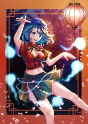Rule 34 | 1girl, black skirt, blue eyes, blue hair, blue hat, breasts, cleavage, commentary request, hat, hat ornament, highres, kyabekko, long sleeves, medium breasts, midriff peek, miyako yoshika, navel, outstretched arms, red shirt, sharp teeth, shirt, skirt, smile, solo, star (symbol), star hat ornament, teeth, touhou, upper body, zombie pose