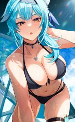 Rule 34 | 1girl, alternate costume, arm up, beach umbrella, bikini, black bikini, black hairband, blue hair, blue sky, breasts, cloud, collarbone, day, deck chair, eula (genshin impact), folding chair, genshin impact, hairband, highres, jewelry, large breasts, looking at viewer, medium hair, navel, necklace, open mouth, shibuki kamone, sky, solo, stomach, sunlight, swimsuit, thigh strap, umbrella, vision (genshin impact), wet, yellow eyes