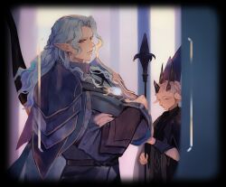 Rule 34 | 2boys, afk (series), afk journey, armor, belt, black belt, black border, black hat, black horns, black robe, blue cape, blue shirt, blue tunic, border, bow (weapon), braid, brown eyes, cape, chest belt, closed mouth, colored eyelashes, commentary, crossed arms, feli (afk), half up braid, hat, holding, holding staff, horns, indris (afk), long hair, long sleeves, looking at viewer, male focus, multiple boys, multiple horns, parted hair, pauldrons, pointy ears, robe, shirt, short hair, shoulder armor, staff, symbol-only commentary, tunic, upper body, v-shaped eyebrows, vambraces, weapon, weapon on back, white hair, wizard hat, yepnean