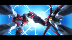 Rule 34 | grendizer, grendizer (grendizer u), grendizer u, handshake, horns, huge horns, mazinger (series), mazinger x, mazinger z (mecha), mecha, mecha focus, mechanical wings, no humans, pilder, robot, science fiction, standing, super robot, taiga hiroyuki, ufo robo grendizer, wings, yellow eyes