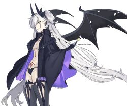 1girl black_cloak black_panties black_thighhighs body_markings breasts candy cloak demon_girl demon_horns demon_wings ear_piercing fate/grand_order fate_(series) food grey_hair highres horns house_tag_denim large_breasts lollipop long_hair looking_at_viewer navel ordeal_call_servant_(female) panties piercing pointy_ears stomach_tattoo tattoo thighhighs thighs twintails underwear very_long_hair wings yellow_eyes