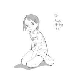 1girl between_legs closed_mouth dress full_body greyscale hand_between_legs highres kinokohead2121 looking_at_viewer monochrome original seiza short_hair sitting sleeveless sleeveless_dress smile solo