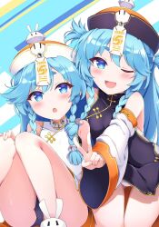 2girls bare_shoulders bemani blue_eyes blue_hair blush braid china_dress chinese_clothes dress hat highres jiangshi long_hair looking_at_viewer multiple_girls near_(sound_voltex) noah_(sound_voltex) ofuda one_eye_closed open_mouth panties pantyshot qingdai_guanmao smile sound_voltex striped_background tenshoo underwear v