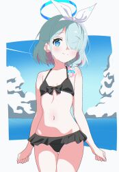 1girl aqua_hair arms_at_sides arona_(blue_archive) bare_shoulders bikini black_bikini blue_archive blue_eyes blue_hair blue_halo blush braid breasts closed_mouth cloud colored_inner_hair commentary hair_between_eyes hair_over_one_eye hair_ribbon halo highres loli looking_at_viewer multicolored_hair munmunmu navel ocean one_eye_covered pink_hair ribbon short_hair single_braid sky small_breasts smile solo standing swimsuit thighs