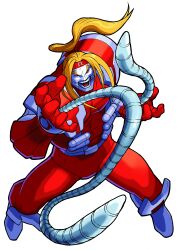 1boy absurdres armor bengus blonde_hair bodysuit colored_skin evil_grin evil_smile from_above game_cg grey_skin grin headband highres legs_apart long_hair male_focus marvel marvel_super_heroes_vs._street_fighter marvel_vs._capcom mechanical_tentacles muscular muscular_male non-web_source official_art omega_red omega_symbol open_mouth ponytail red_bodysuit red_eyes red_headband scan shoulder_armor smile solo soviet teeth x-men zombie