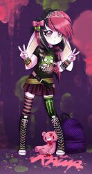 1girl absurdres animal_ears asymmetrical_legwear backpack bag belt black_hair boots bow bracelet commentary commission english_commentary furry furry_female gir_(dog_costume)_(invader_zim) gir_(invader_zim) gloomy_bear hair_bow highres invader_zim itazuraguma_no_gloomy jewelry kipaki mismatched_legwear monster_energy multicolored_hair multiple_belts necklace original perler_beads pink_hair plaid_clothes plaid_skirt print_shirt rabbit_ears rabbit_girl raccoon_tails_(hairstyle) scene_cut scene_fashion shirt shoes skirt sneakers solo studded_belt stuffed_animal stuffed_toy t-shirt teddy_bear tiara v white_fur