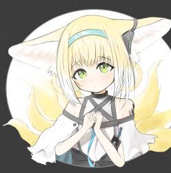 1girl aduki_(zrpw7545) animal_ears arknights blonde_hair braid braided_hair_rings closed_mouth commentary earpiece fox_ears fox_girl fox_tail green_eyes hair_rings highres infection_monitor_(arknights) kitsune kyuubi looking_at_viewer material_growth multiple_tails oripathy_lesion_(arknights) short_hair solo split_mouth suzuran_(arknights) tail twin_braids upper_body variant_set
