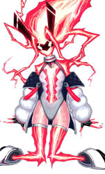 1girl breast_press breasts center_opening clothing_cutout collar domino_mask duel_monster electricity energy energy_girl enmo_takeshita fingerless_gloves gloves halterneck highres jacket jewelry knees_together_feet_apart leotard long_hair long_sleeves looking_at_viewer mask mechanical_ears navel_cutout open_clothes open_jacket orange_hair orange_thighhighs pink_hair sidelocks simple_background small_breasts solo spright_elf thighhighs thighlet white_background white_jacket white_leotard yellow_eyes yu-gi-oh!