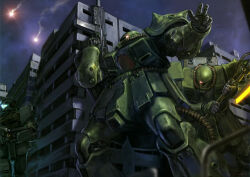 ambush assault_rifle assault_visor battle blue_visor building cable earth_federation flare glowing_hot gm_command gm_kai gun gundam gundam_0080 gundam_perfect_file heat_hawk hiding holding holding_gun holding_weapon kinoshita_tomotake machinery mecha mecha_focus mobile_suit night official_art one-eyed realistic red_eyes rifle robot science_fiction shoulder_spikes spikes weapon window zaku_ii zaku_ii_fz_kai zeon