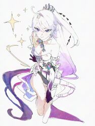 1girl ahoge bare_shoulders black_flower breasts cleavage collarbone crown dress earrings eyeliner flower flower_clothes gradient_hair hair_ornament high_ponytail highres honkai_(series) honkai_impact_3rd jewelry kiana_kaslana kiana_kaslana_(herrscher_of_finality) long_hair looking_at_viewer makeup multicolored_hair neck_flower ponytail purple_eyes purple_hands purple_pupils smile solo star-shaped_pupils star_(symbol) strapless sugar_jo3 symbol-shaped_pupils thighs very_long_hair white_dress white_hair