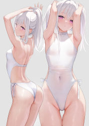 1girl :t armpits arms_up ass back blush covered_navel cowboy_shot flat_chest from_behind grey_background groin hair_between_eyes halterneck hands_in_hair head_tilt highleg highleg_one-piece_swimsuit highres long_hair looking_at_viewer looking_back mignon multiple_views one-piece_swimsuit original parted_lips pink_eyes pout raised_eyebrows shiro_(mignon) side-tie_swimsuit simple_background skindentation swimsuit thigh_gap thighs wet white_hair white_one-piece_swimsuit