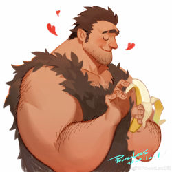 1boy absurdres arm_hair banana bara beard biceps blush brown_hair chest_hair eyebrow_cut facial_hair food from_side fruit heart highres long_sideburns male_focus mature_male muscular muscular_male original pectoral_cleavage pectorals powerlesssong short_hair sideburns smile solo stubble tribal upper_body