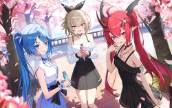 absurdres alternate_costume black_tail blue_eyes blue_hair breasts cellphone cherry_blossoms demon demon_horns demon_wings emika_(starward) high_ponytail highres hikari_(starward) horns kaze_(starward) long_hair looking_at_viewer melreon phone pointy_ears ponytail red_hair red_pupils skirt small_breasts smartphone smile starward twintails wings