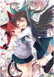 2girls :d ;d ^_^ absurdres ahoge animal_ear_fluff animal_ears black_bow black_hair black_thighhighs black_wings blunt_bangs bow bowtie braid candy cardigan cat_ears cat_tail closed_eyes collage_background cowboy_shot extra_ears facing_viewer feathered_wings food green_bow green_bowtie green_skirt grey_cardigan hair_bow heart highres kaenbyou_rin long_hair long_sleeves looking_at_viewer miniskirt multiple_girls multiple_tails notebook one_eye_closed open_mouth pen photo_(object) plaid_clothes plaid_skirt red_eyes red_hair reiuji_utsuho school_uniform shirt signature skirt smile tail thighhighs touhou toutenkou twin_braids twitter two_tails very_long_hair white_shirt wings yuri