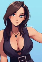 1girl :/ absurdres bare_shoulders belt belt_buckle blue_background blue_dress blue_eyes breasts brown_hair buckle cleavage commentary covered_erect_nipples dress english_commentary highres jewelry large_breasts long_hair looking_at_viewer necklace no_bra original plunging_neckline raichiyo33 redrawn revealing_clothes simple_background solo upper_body