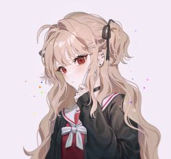 1girl ahoge black_cardigan black_choker bow bowtie brown_hair cardigan choker closed_mouth collared_shirt ear_piercing fymrie hair_ornament hair_ribbon long_hair long_sleeves looking_at_viewer mask mask_pull mouth_mask one_side_up open_cardigan open_clothes original piercing red_eyes red_shirt ribbon sailor_collar shirt solo upper_body x_hair_ornament