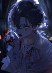 1boy absurdres blood blood_in_mouth blood_on_clothes blood_on_face blood_on_hands blood_on_neck blood_on_pectorals blood_on_sleeves blue_eyes blurry blurry_background chain chain_necklace collarbone colored_eyelashes commentary_request curtains earrings fangs fingernails frilled_shirt frilled_sleeves frills grey_hair hair_between_eyes halloween highres huzurina_suruba indoors jewelry looking_at_viewer male_focus mole mole_on_collarbone moonlight necklace open_mouth original pectorals sharp_fingernails shirt short_hair solo sparkle tongue tongue_out upper_body vampire_costume white_shirt window