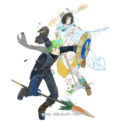 1boy 1girl 91007 absurdres alternate_costume animal_ears arran_(fire_emblem) artist_name belt black_hat black_rabbit_(animal) black_shirt blue_gloves bow brown_belt brown_eyes brown_shoes commentary_request copyright_name dated dress easter fake_animal_ears fire_emblem fire_emblem:_radiant_dawn fire_emblem_heroes full_body gloves green_eyes grey_pants grey_vest hat highres jewelry juliet_sleeves laura_(fire_emblem) leg_up long_sleeves looking_to_the_side medium_dress mini_hat mini_top_hat nintendo open_mouth pants pantyhose pendant polearm puffy_sleeves rabbit_ears shield shirt shoes short_hair simple_background sweat top_hat torn_clothes torn_shirt vest weapon white_background white_dress white_pantyhose white_rabbit_(animal) yellow_bow zzz