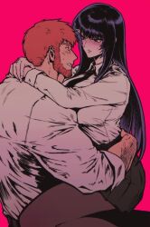 1boy 1girl arm_hair beard black_eyes black_hair black_necktie black_pantyhose black_skirt blush breasts commentary_request degrees_of_lewdity doren_(degrees_of_lewdity) doren_(male)_(degrees_of_lewdity) dy0urre1n facial_hair hetero huge_breasts korean_commentary large_breasts long_hair miniskirt necktie oc_x_canon pantyhose player_character_(degrees_of_lewdity) player_character_(female)_(degrees_of_lewdity) pleated_skirt red_background red_hair sitting sitting_on_lap sitting_on_person skirt sleeves_rolled_up sweatdrop thick_eyebrows