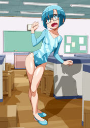 1girl blue_eyes blue_hair blue_leotard blue_shoes breasts bright_pupils carinae ceiling ceiling_light collarbone commentary_request fang full_body glasses hand_up highres indoors knees leaning_to_the_side leotard open_mouth rectangular_eyewear shoes short_hair skin_fang solo standing stool tile_ceiling tiles tongue ueno-san_wa_bukiyou unogawa white_pupils