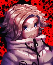 1boy aotsuki_eito black_background blue_eyes blush glasses highres jacket looking_at_viewer male_focus open_mouth parted_hair red_background simple_background solo solo_focus teeth the_hundred_line_-last_defense_academy- tongue white_hair white_jacket zipper zipper_pull_tab