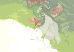 1girl apios basket black_eyes blank_eyes bob_cut bread closed_eyes colored_skin day eevee female_focus flat_chest food full_body gardevoir gen_1_pokemon gen_3_pokemon grass green_hair green_skin hair_over_one_eye hands_up highres jam jar leaf lying multicolored_skin nintendo no_mouth on_ground on_side outdoors picnic picnic_basket plaid pokemon pokemon_(creature) shade short_hair sleeping sunlight tree two-tone_skin under_tree white_skin