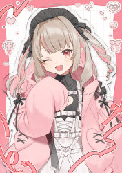 1girl ;d apron belt black_dress black_headdress black_ribbon blunt_bangs blush border chest_harness cleavage_cutout clothing_cutout collared_dress colored_inner_hair corset cowboy_shot cross-laced_clothes cross-laced_corset dress drill_hair fangs flat_chest frilled_jacket frilled_shirt_collar frills grey_hair grid_background hair_intakes harness heart heart_o-ring highres hood hood_down hooded_jacket jacket long_hair looking_at_viewer maid maid_headdress makaino_ririmu makaino_ririmu_(5th_costume) multicolored_hair multiple_belts nijisanji nmz289 o-ring o-ring_belt one_eye_closed open_clothes open_jacket open_mouth outside_border pink_border pink_hair pink_jacket pink_ribbon pocket pointy_ears red_eyes ribbon sidelocks skin_fangs sleeves_past_fingers sleeves_past_wrists smile solo streaked_hair two_side_up virtual_youtuber waist_apron white_apron white_belt white_corset winged_heart