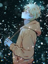 Rule 34 | 1boy, animification, artist name, black background, blonde hair, blue eyes, chromatic aberration, closed mouth, fingernails, hair between eyes, hands up, holding, hood, hoodie, kenny mccormick, long sleeves, looking up, male focus, orange hoodie, puffy long sleeves, puffy sleeves, short hair, snowing, solo, south park, sp toyoill, upper body