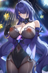 Rule 34 | 1girl, absurdres, acheron (honkai: star rail), bare shoulders, black bodysuit, black collar, black gloves, black shorts, black swan (honkai: star rail), black swan (honkai: star rail) (cosplay), blush, bodysuit, breasts, closed mouth, collar, commentary, cosplay, covered navel, cowboy shot, detached sleeves, dress, english commentary, fingernails, gloves, groin, hair intakes, hair ornament, hair over one eye, highleg shorts, highres, honkai: star rail, honkai (series), large breasts, long hair, long sleeves, looking at viewer, multicolored hair, nail polish, nipples, purple dress, purple eyes, purple hair, purple nails, see-through bodysuit, see-through clothes, shorts, solo, streaked hair, thighs, variant set, very long hair, wu ganlan cai
