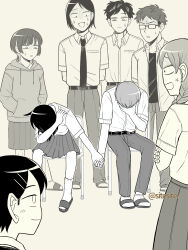 Rule 34 | 4boys, 4girls, :|, absurdres, anger vein, black undershirt, closed mouth, covering face, embarrassed, eyebrow cut, fujii ayame, full body, futsuu no keion-bu, hands in pockets, hatono chihiro, heartbreak (futsuu no keion-bu), highres, holding hands, hood, hoodie, humiliation for two male high school students as they are forced to hold hands as a punishment for fighting (meme), kouyama rin, light smile, medium hair, meme, mizuo haruichi, multiple boys, multiple girls, nervous sweating, open clothes, open shirt, protocol. (futsuu no keion-bu), school uniform, shaded face, shirt tucked in, short hair, side ahoge, sitesitei, standing, sweat, sweatdrop, swimsuit, taguchi ryuuya, takami kouki, tohno gen, twitter username, uchida momo, wide-eyed, wolf cut