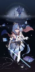 Rule 34 | 2girls, absurdres, ahoge, aponia, bare shoulders, beret, blue hair, blue lightsaber, breasts, cleavage, closed mouth, commentary, dress, elysia (honkai impact), elysia (miss pink elf) (honkai impact), energy sword, full body, gloves, griseo, griseo (cosmic expression), griseo (starry impression), hair between eyes, hat, highres, holding, holding sword, holding weapon, honkai (series), honkai impact 3rd, kaya (ayase kaya), kosma, large breasts, lightsaber, long hair, looking at viewer, mr. knight (honkai impact), multiple girls, purple eyes, solo focus, standing, standing on liquid, star wars, sword, very long hair, weapon, white dress, white gloves