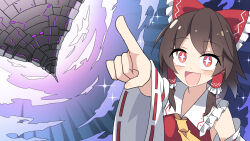 +_+ 1girl :d ascot blush bow brown_hair commentary_request detached_sleeves e.o. frilled_bow frilled_hair_tubes frilled_shirt_collar frills hair_bow hair_tubes hakurei_reimu long_hair long_sleeves open_mouth pointing pointing_forward red_bow red_eyes red_vest ribbon-trimmed_sleeves ribbon_trim smile solo touhou upper_body vest white_sleeves wide_sleeves yellow_ascot