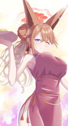 1girl absurdres animal_ears armpits bare_shoulders blue_archive breasts brown_hair china_dress chinese_clothes dress food fox_ears fox_girl hair_between_eyes hair_bun highres holding holding_plate la_la_la_rarmin large_breasts long_hair looking_at_viewer one_eye_closed open_mouth pink_dress plate purple_eyes rumi_(blue_archive) sidelocks smile