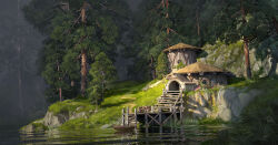 boat forest grass highres hut lake landscape nature no_humans original painterly rain refiend reflection reflective_water rock scenery shack signature stairs tree water water_drop watercraft