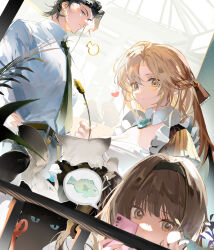 1boy 2girls absurdres ann_(forever_7th_capital) black_cat black_hair black_hairband black_necktie blonde_hair brown_eyes brown_hair cat cleavage_cutout clothing_cutout collared_shirt female_commander_(forever_7th_capital) forever_7th_capital gem hairband highres holding holding_phone long_hair maid multiple_girls necktie phone rrrr_222 shirt white_shirt yan_hua_(forever_7th_capital) yellow_eyes
