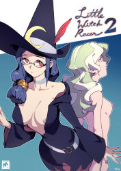 2girls absurdres back back-to-back breasts cover diana_cavendish glasses green_hair hat highres little_witch_academia medium_breasts moon_(symbol) multiple_girls nipples nude optionaltypo purple_eyes red_eyes ursula_callistis witch witch_hat
