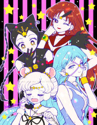 Rule 34 | animal ears, bell, bishoujo senshi sailor moon, bishoujo senshi sailor moon stars, black hair, blue eyes, breasts, brown eyes, brown hair, cat ears, cleavage, closed eyes, crying, earmuffs, earrings, feathers, gloves, jewelry, lipstick, makeup, mouse ears, one eye closed, ribbon, sailor aluminum seiren, sailor iron mouse, sailor lead crow, sailor tin nyanko, smile, star (symbol), telephone, white hair, wink, yellow eyes