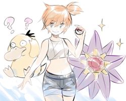 1girl asymmetrical_hair aubz bare_shoulders blush breasts denim denim_shorts gen_1_pokemon green_eyes gym_leader legs looking_at_viewer misty_(pokemon) navel nintendo open_mouth orange_hair pokemon pokemon_lgpe ponytail psyduck shirt short_hair short_shorts shorts side_ponytail smile starmie white_shirt