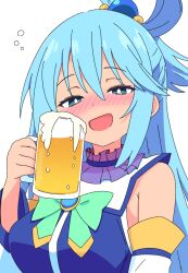 1girl :d alcohol aqua_(konosuba) aqua_eyes aqua_hair bare_shoulders beer beer_mug blush bright_pupils cup cutefires drunk eyelashes holding holding_cup kono_subarashii_sekai_ni_shukufuku_wo! long_hair mug open_mouth simple_background smile solo white_background white_pupils