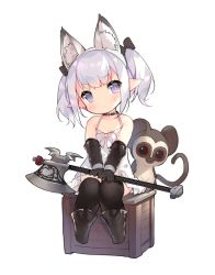 1girl animal animal_ears axe battle_axe black_gloves black_thighhighs cat_ears choker collarbone crate dress elbow_gloves fake_animal_ears female_focus final_fantasy final_fantasy_xiv fox_ears gloves grey_eyes hairband holding lalafell looking_at_viewer monkey pointy_ears saru silver_hair simple_background sitting solo thighhighs twintails weapon white_background white_dress zettai_ryouiki