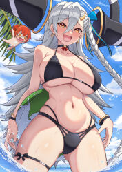 2girls ball bare_shoulders beachball bikini black_bikini blue_sky blush braid breasts chibi choker cleavage earrings fate/grand_order fate_(series) fujimaru_ritsuka_(female) gradient_hair hair_ribbon horns huge_horns jewelry kina_(akina736) large_breasts long_hair long_horns looking_at_viewer multicolored_hair multiple_girls navel olga_marie_animusphere open_mouth orange_eyes orange_hair ribbon side_braid sky smile swimsuit thighs u-olga_marie very_long_hair water white_hair