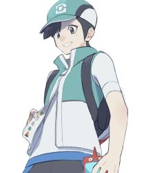 1boy backpack badge bag baseball_cap black_hair cellphone gen_1_pokemon grey_eyes grin hat holding looking_down male_focus nintendo phone pokemon pokemon_(creature) pokemon_adventures pokemon_masters_ex porygon poryphone rozu_ki scottie_(pokemon) short_sleeves simple_background smartphone smile solo standing white_background zipper_pull_tab