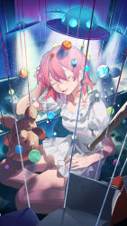 1girl absurdres character_request closed_eyes copyright_request dress hair_between_eyes highres long_hair omurice_(304975636) open_mouth pink_hair short_hair short_sleeves sidelocks sitting solo stuffed_animal stuffed_toy teddy_bear ufo white_dress