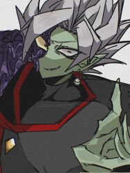 1boy black_bodysuit bodysuit colored_sclera colored_skin crazy_eyes crazy_smile dragon_ball dragon_ball_super earrings fused_zamasu green_skin grey_eyes heterochromia jewelry long_sleeves looking_at_viewer looking_up melting mismatched_pupils mismatched_sclera multicolored_skin mutation pink_eyes pointy_ears potara_earrings purple_skin smile solo spiked_hair v621 white_hair yellow_sclera