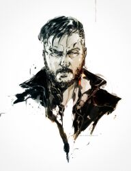 1boy absurdres beard black_hair david_hayter facial_hair happy_birthday highres jacket kubaushi looking_at_viewer male_focus metal_gear_(series) nose open_clothes open_jacket shinkawa_youji_(style) solo twitter_username white_background